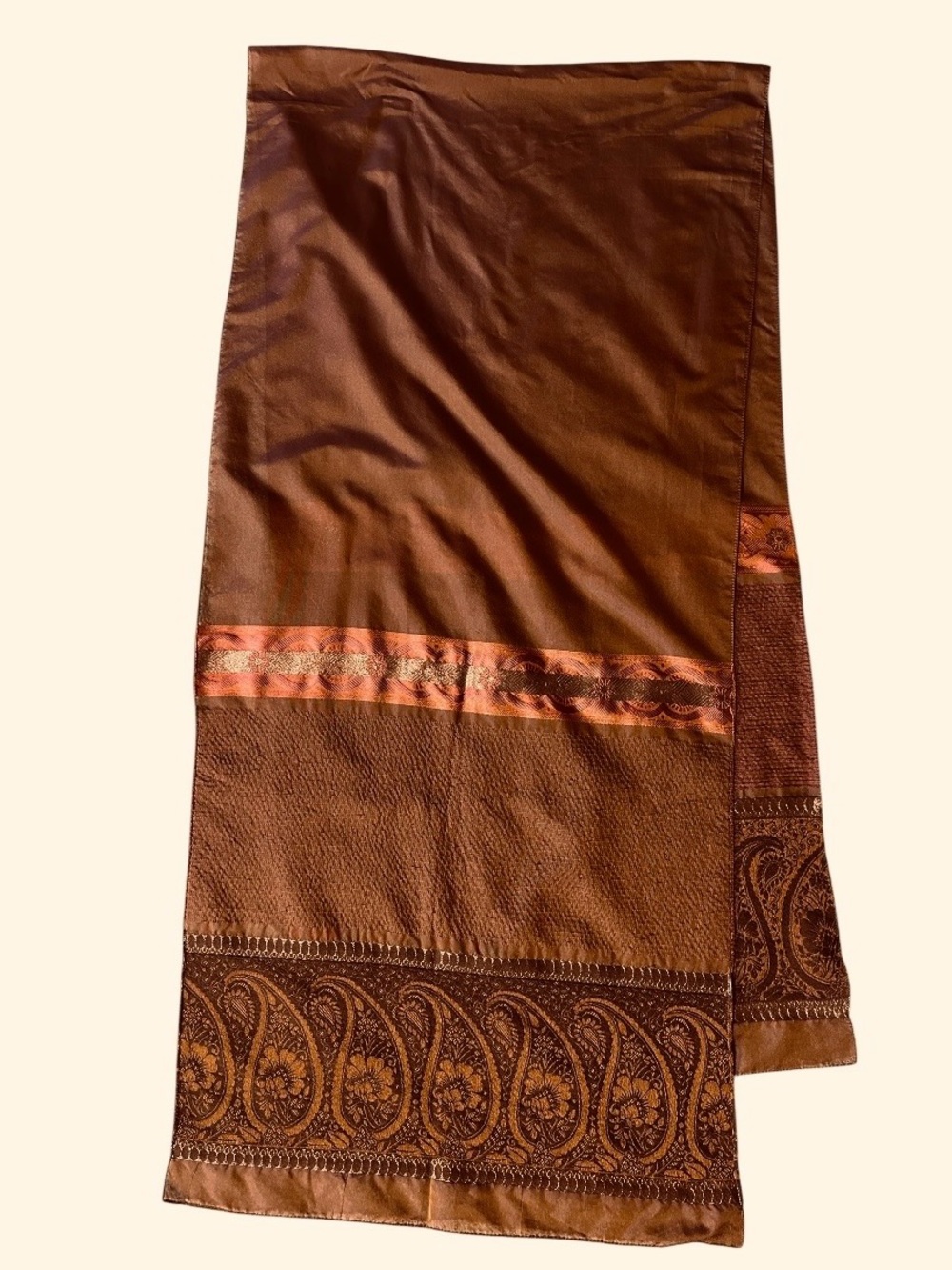 Brown Paisley-Trim Iridescent Sheen Silk, Wool & Viscose Scarf 19” x 56”